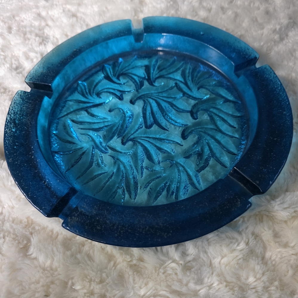 Vintage Blenko Blue Glass 10" HEAVY Ashtray - Mid Century Modern.